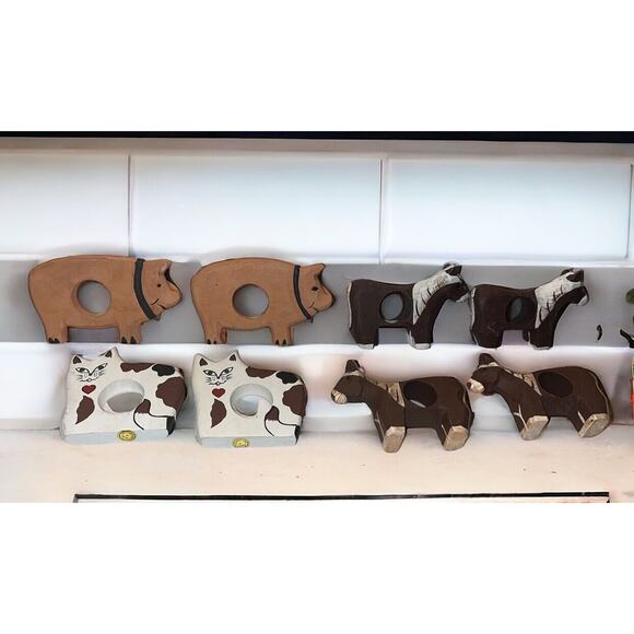 VINTAGE 8 Wooden Napkin Rings Rustic Farm Animals 3" hand painted Cat, pig,horse - Picture 3 of 8